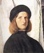Lorenzo Lotto Portrait of a young man against a white curtain oil painting